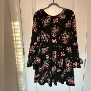 Copper Key Black Floral Dress/Tunic with Bell Sleeves and detailing